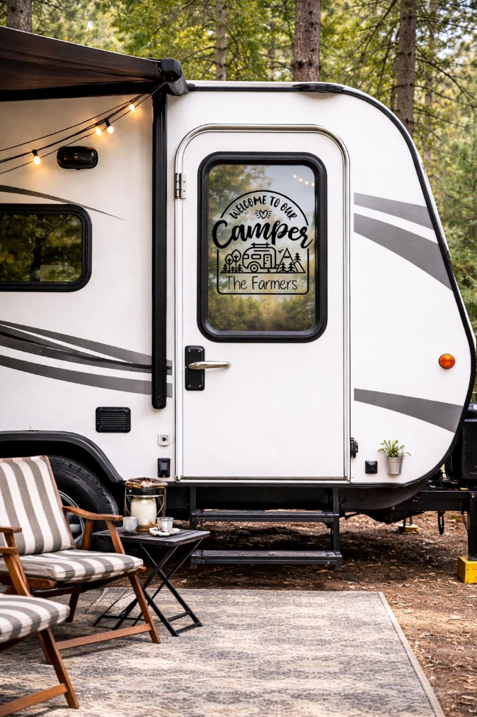 Welcome to Our Camper Decal | Personalized RV Door Decal | Custom Family Name Camping Sticker | Travel Trailer Vinyl Decal
