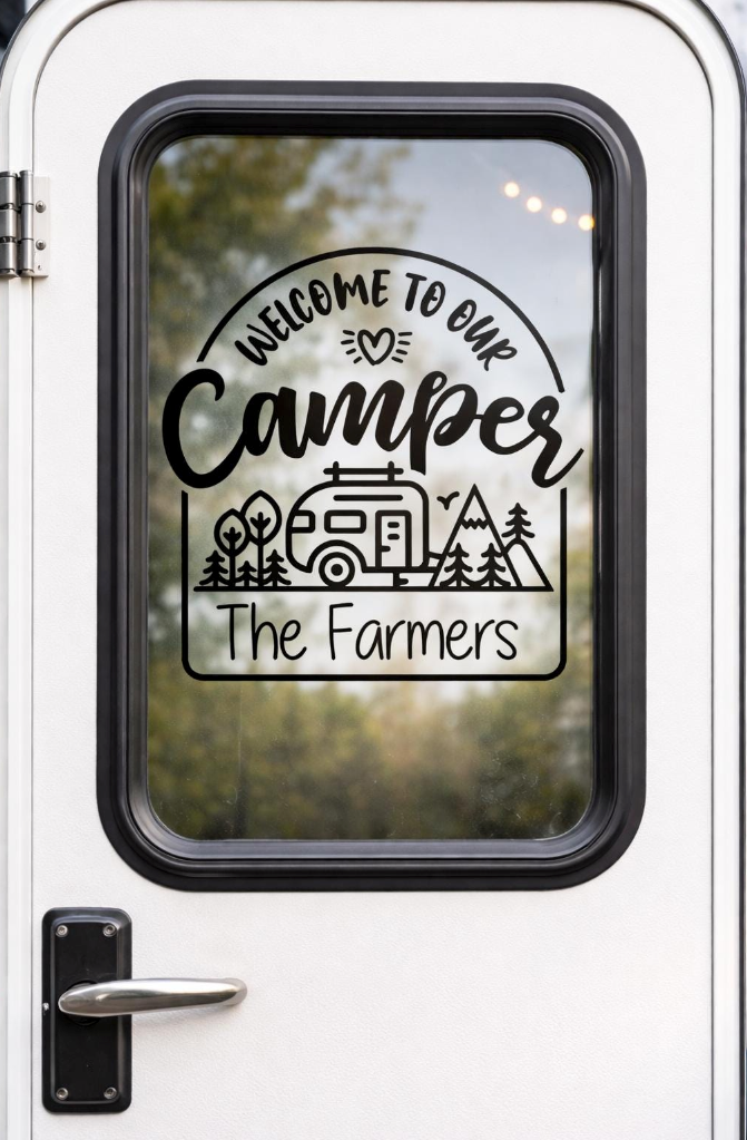 Welcome to Our Camper Decal | Personalized RV Door Decal | Custom Family Name Camping Sticker | Travel Trailer Vinyl Decal